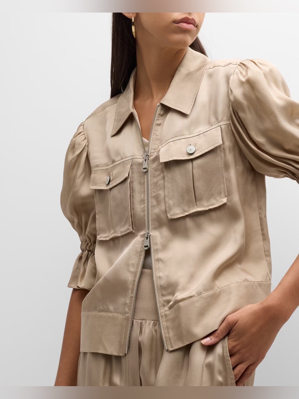 Cinq a Sept Holly Khaki Short Puff Sleeve Satin Utility Jacket Size Medium - Picture 3 of 15